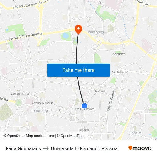 Faria Guimarães to Universidade Fernando Pessoa map