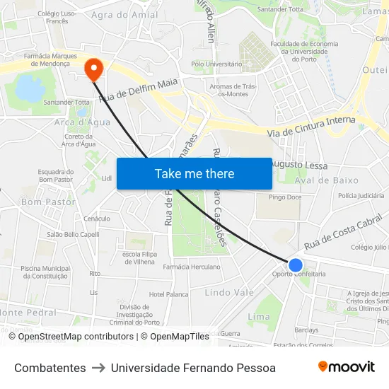 Combatentes to Universidade Fernando Pessoa map