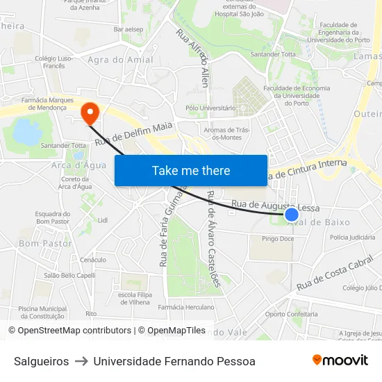 Salgueiros to Universidade Fernando Pessoa map