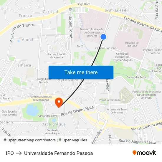 IPO to Universidade Fernando Pessoa map