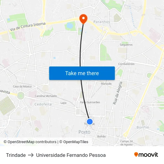 Trindade to Universidade Fernando Pessoa map