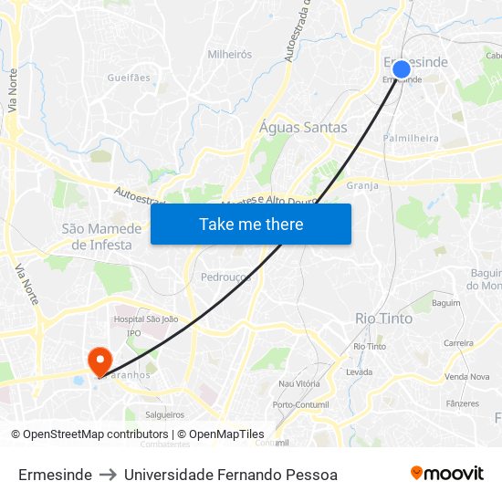 Ermesinde to Universidade Fernando Pessoa map