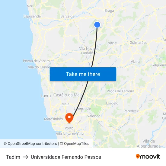 Tadim to Universidade Fernando Pessoa map