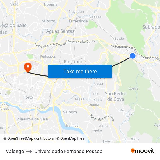 Valongo to Universidade Fernando Pessoa map