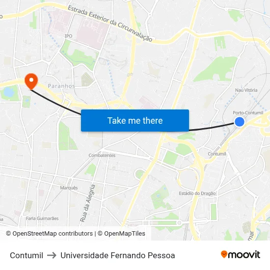 Contumil to Universidade Fernando Pessoa map