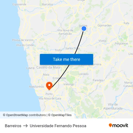 Barreiros to Universidade Fernando Pessoa map