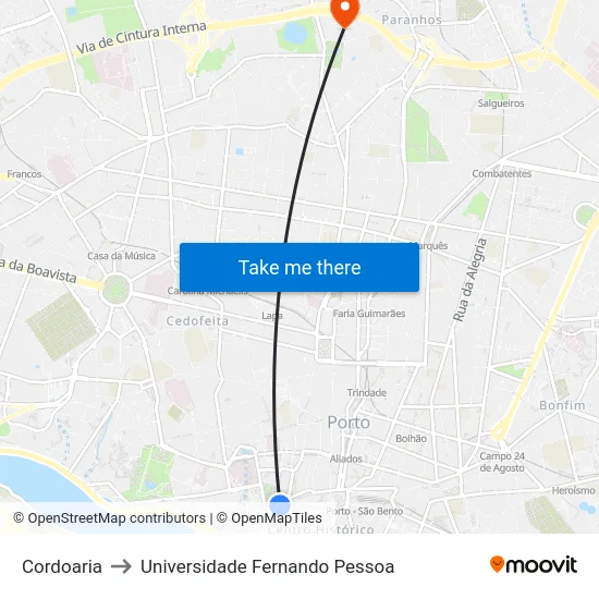 Cordoaria to Universidade Fernando Pessoa map