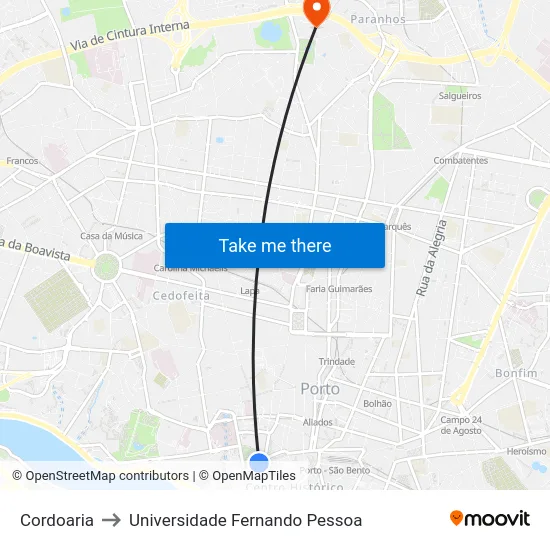 Cordoaria to Universidade Fernando Pessoa map