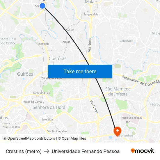 Crestins (metro) to Universidade Fernando Pessoa map