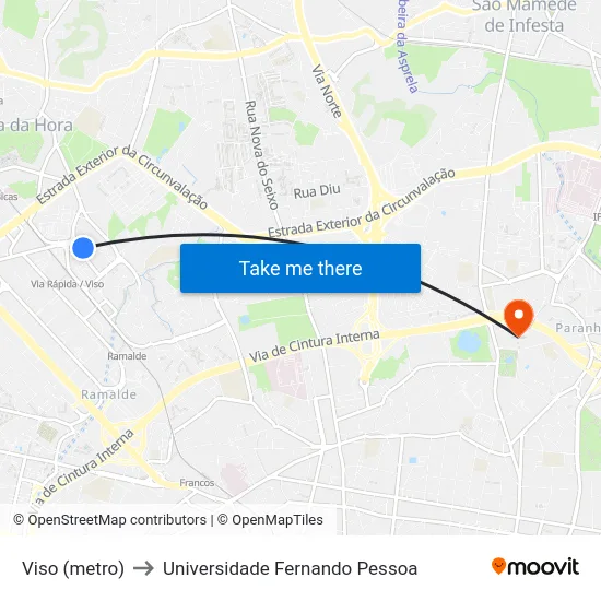 Viso (metro) to Universidade Fernando Pessoa map