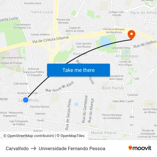 Carvalhido to Universidade Fernando Pessoa map