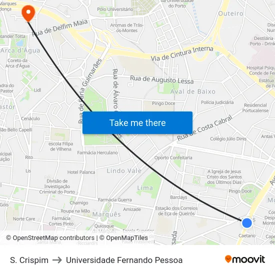 S. Crispim to Universidade Fernando Pessoa map