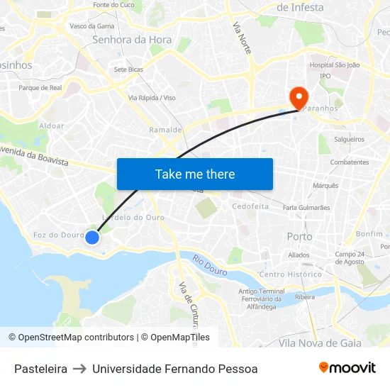 Pasteleira to Universidade Fernando Pessoa map