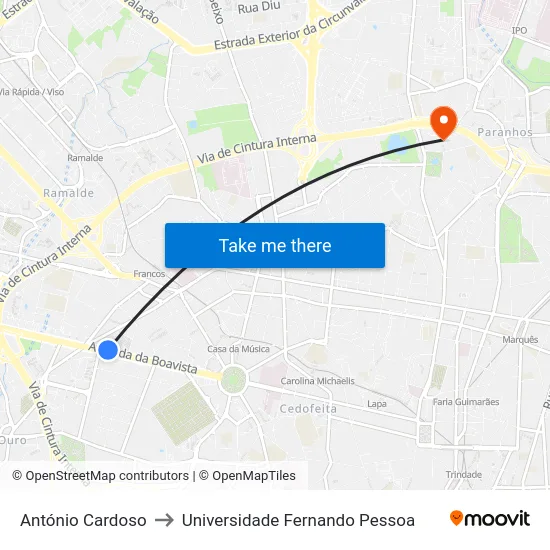 António Cardoso to Universidade Fernando Pessoa map