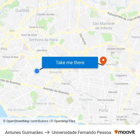 Antunes Guimarães to Universidade Fernando Pessoa map