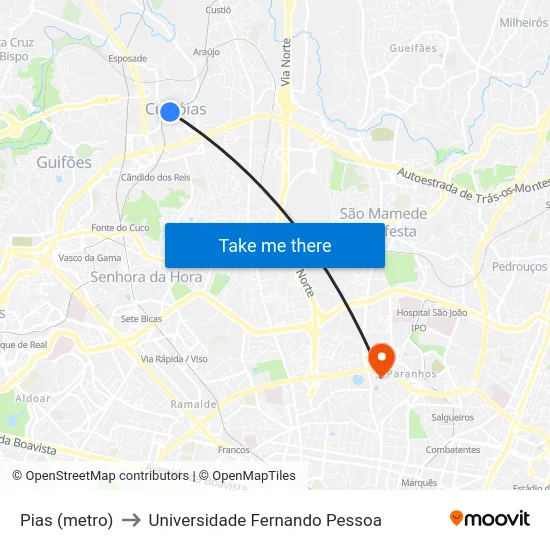 Pias (metro) to Universidade Fernando Pessoa map
