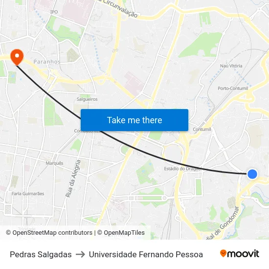 Pedras Salgadas to Universidade Fernando Pessoa map