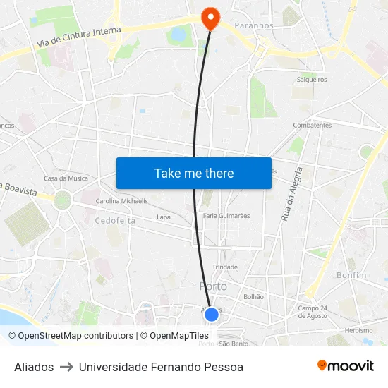 Aliados to Universidade Fernando Pessoa map