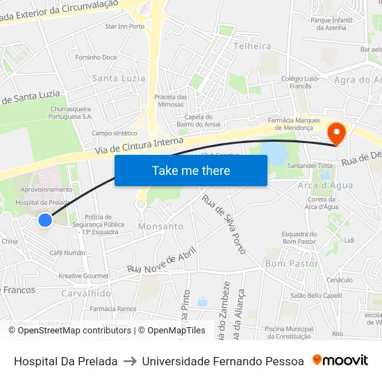 Hospital Da Prelada to Universidade Fernando Pessoa map