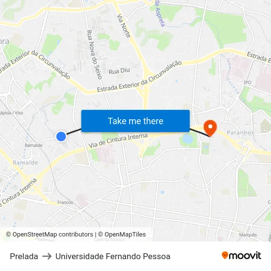 Prelada to Universidade Fernando Pessoa map