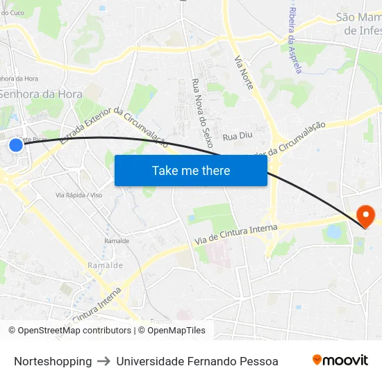 Norteshopping to Universidade Fernando Pessoa map
