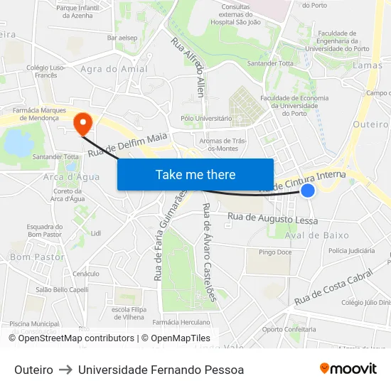 Outeiro to Universidade Fernando Pessoa map