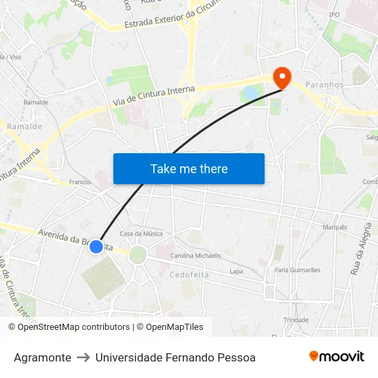 Agramonte to Universidade Fernando Pessoa map