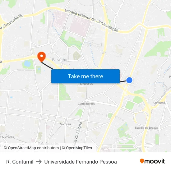 R. Contumil to Universidade Fernando Pessoa map