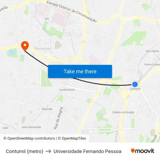 Contumil (metro) to Universidade Fernando Pessoa map
