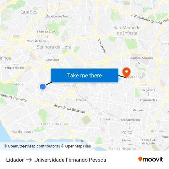 Lidador to Universidade Fernando Pessoa map