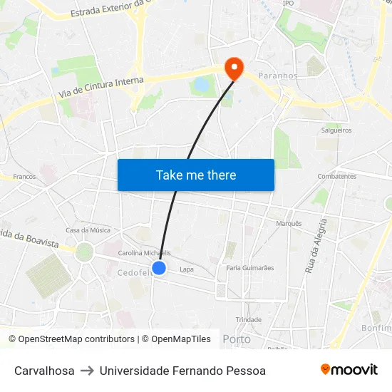 Carvalhosa to Universidade Fernando Pessoa map