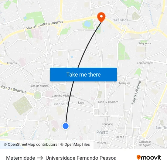 Maternidade to Universidade Fernando Pessoa map