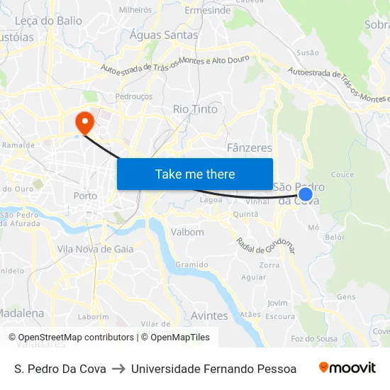 S. Pedro Da Cova to Universidade Fernando Pessoa map