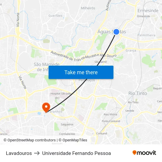 Lavadouros to Universidade Fernando Pessoa map