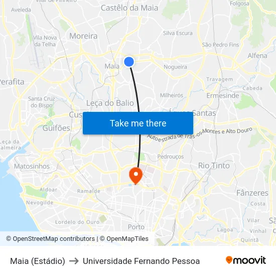 Maia (Estádio) to Universidade Fernando Pessoa map