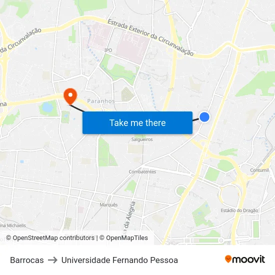 Barrocas to Universidade Fernando Pessoa map
