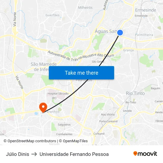 Júlio Dinis to Universidade Fernando Pessoa map