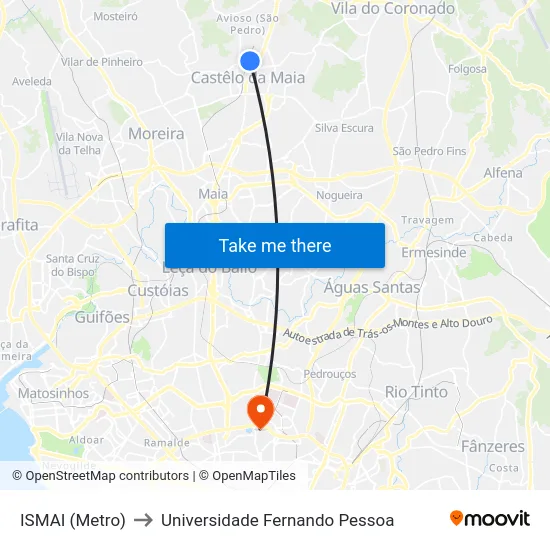ISMAI (Metro) to Universidade Fernando Pessoa map