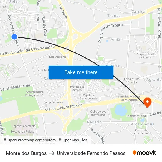 Monte dos Burgos to Universidade Fernando Pessoa map