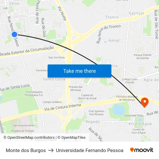 Monte dos Burgos to Universidade Fernando Pessoa map