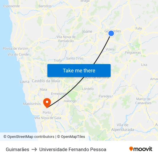 Guimarães to Universidade Fernando Pessoa map