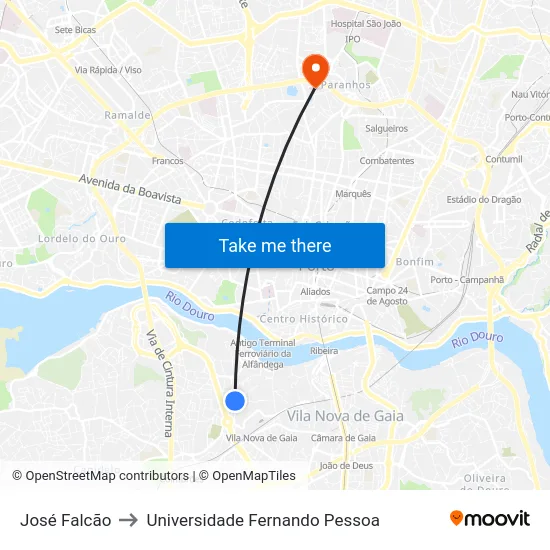 José Falcão to Universidade Fernando Pessoa map