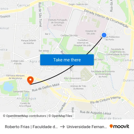 Roberto Frias | Faculdade de Engenharia to Universidade Fernando Pessoa map