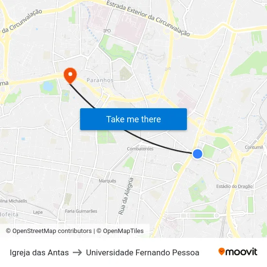 Igreja das Antas to Universidade Fernando Pessoa map