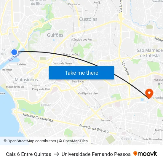 Cais 6 Entre Quintas to Universidade Fernando Pessoa map