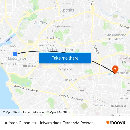 Alfredo Cunha to Universidade Fernando Pessoa map