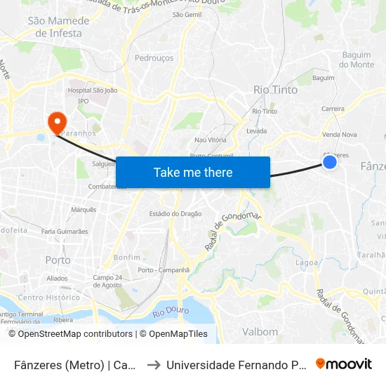Fânzeres (Metro) | Cabanas to Universidade Fernando Pessoa map