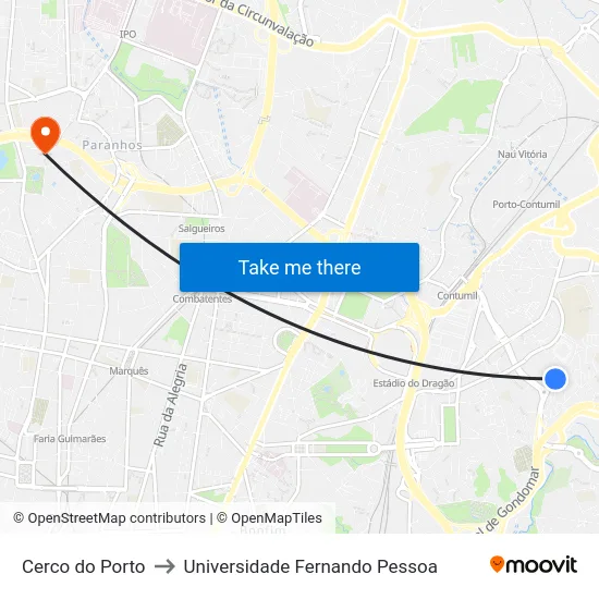 Cerco do Porto to Universidade Fernando Pessoa map