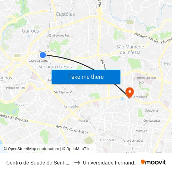 Centro de Saúde da Senhora da Hora to Universidade Fernando Pessoa map