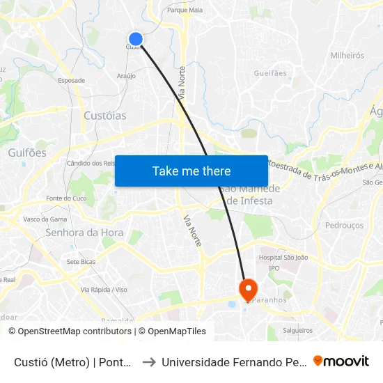 Custió (Metro) | Pontelhas to Universidade Fernando Pessoa map